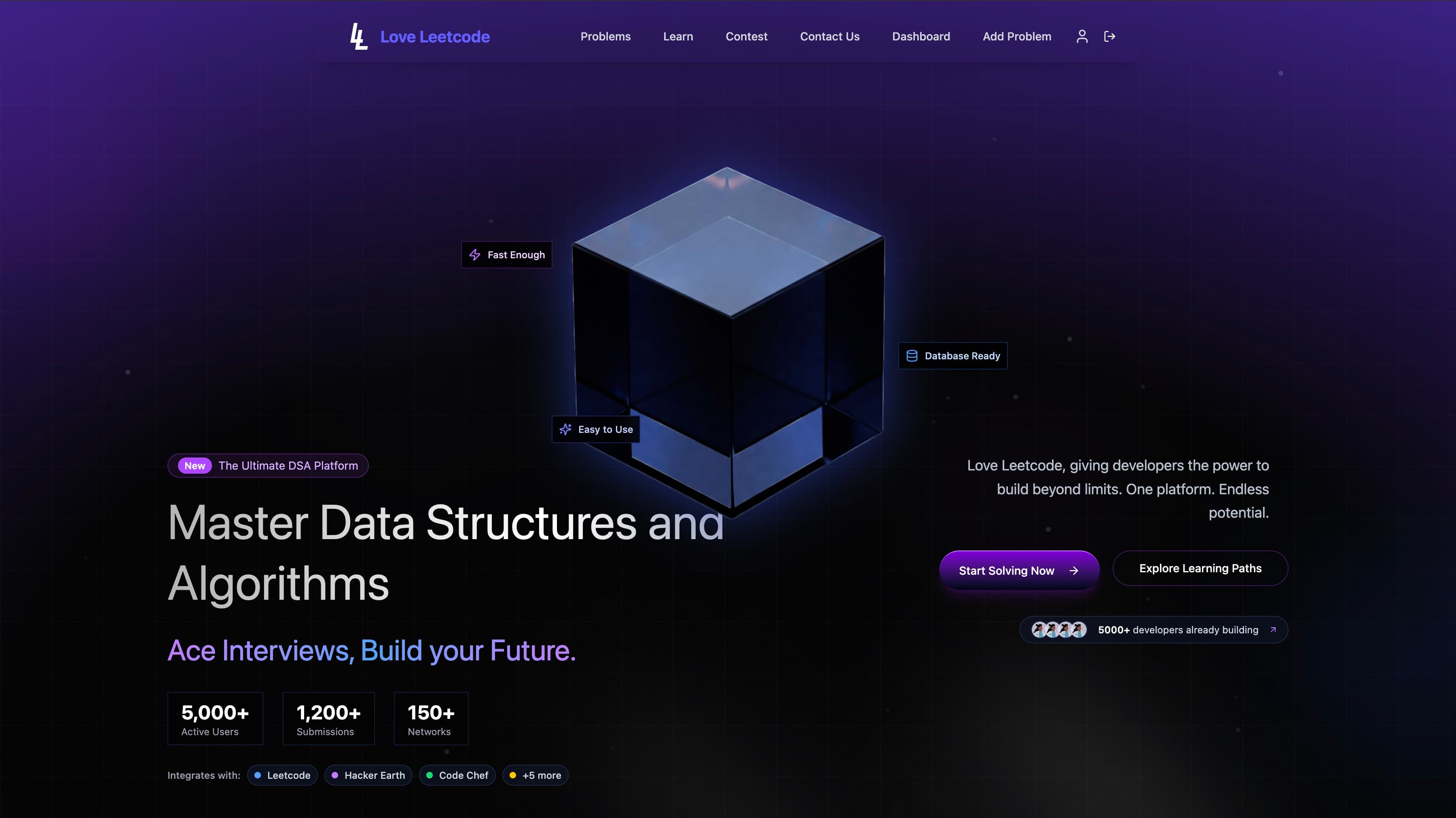 Love LeetCode home page: a DSA practice platform with problem sets and an in-browser code editor